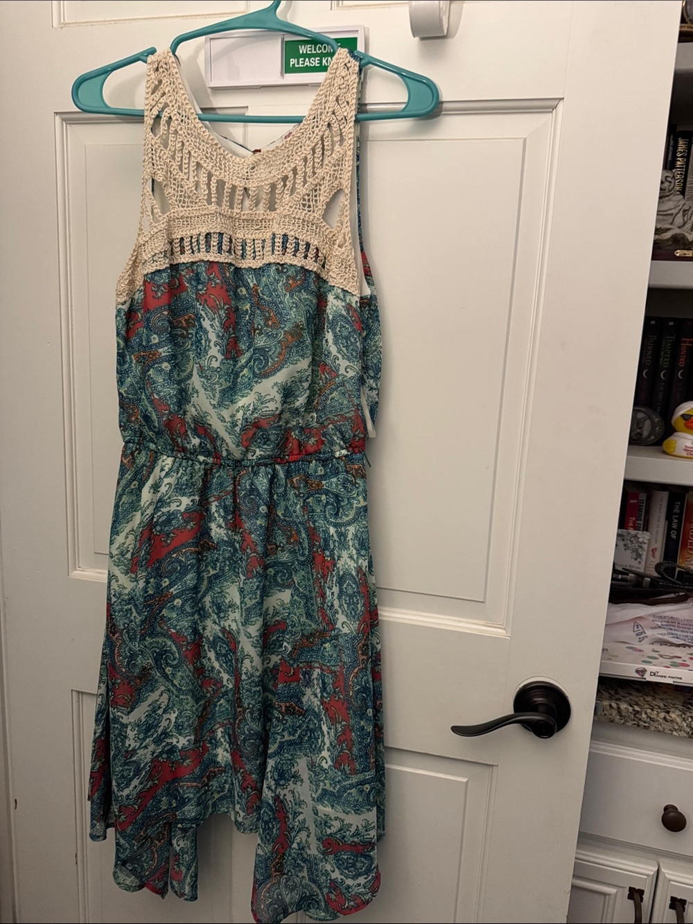 AUW Teal and Red Paisley High-Low Dress with Crochet Yoke